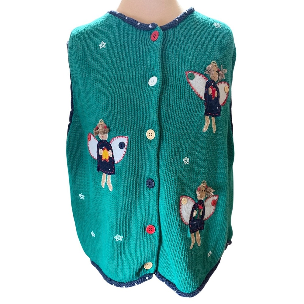 Heartstrings L Green Angel Bear Embroidered Sweater Vest Cottagecore Holiday